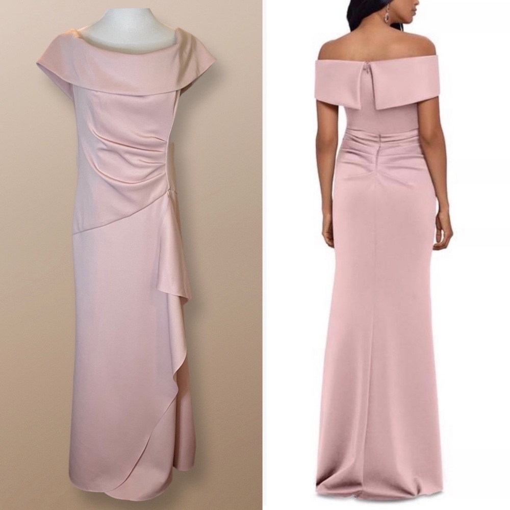 Xscape Rose Pink Blush Off the Shoulder Ruched Side and Back Formal Dress Sz 16